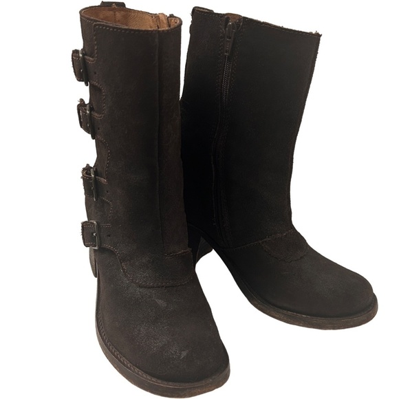 JL J. Litvack Moto Boots Bootie Brown Suede Four Buckle Chunky Stacked Heel - Picture 4 of 16